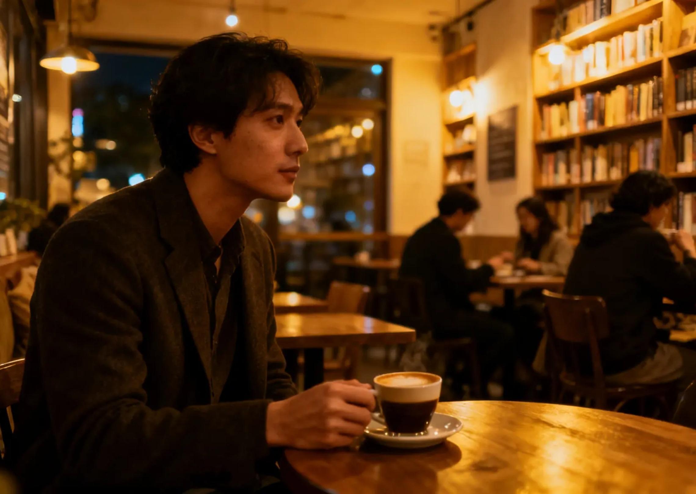 A cozy café interior at night