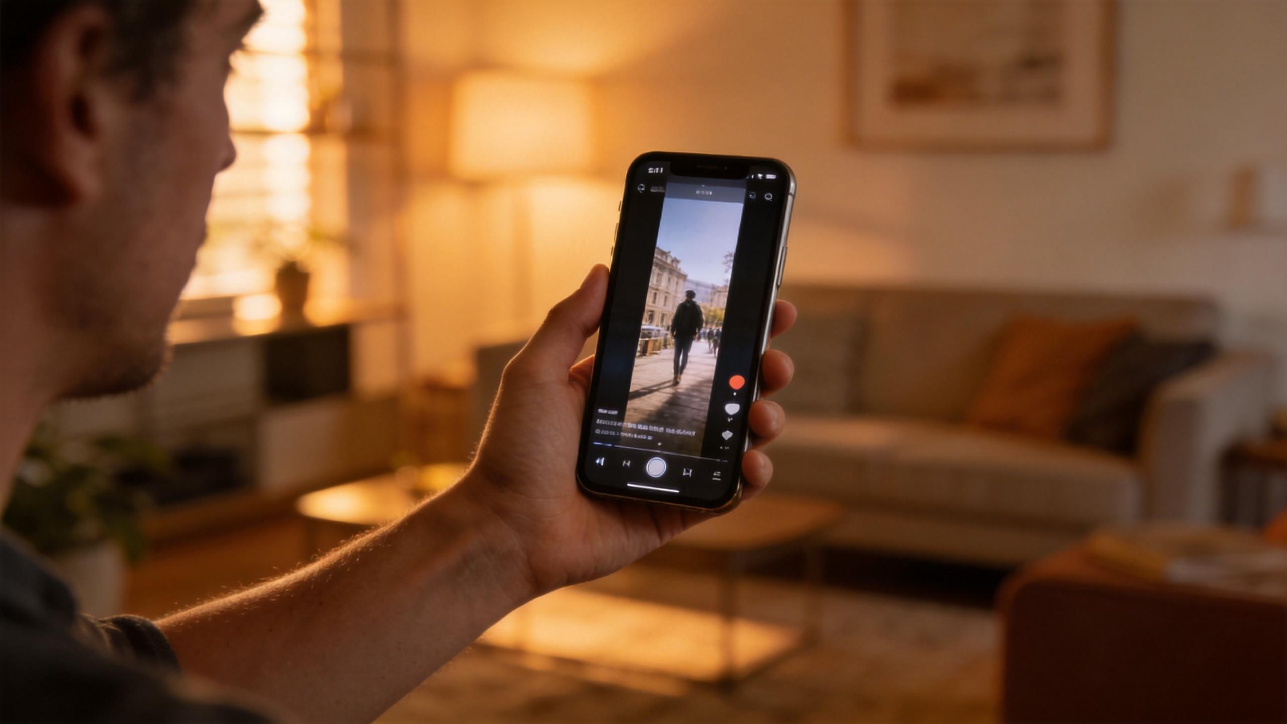 Person holding a smartphone showing a vertical video in a video app