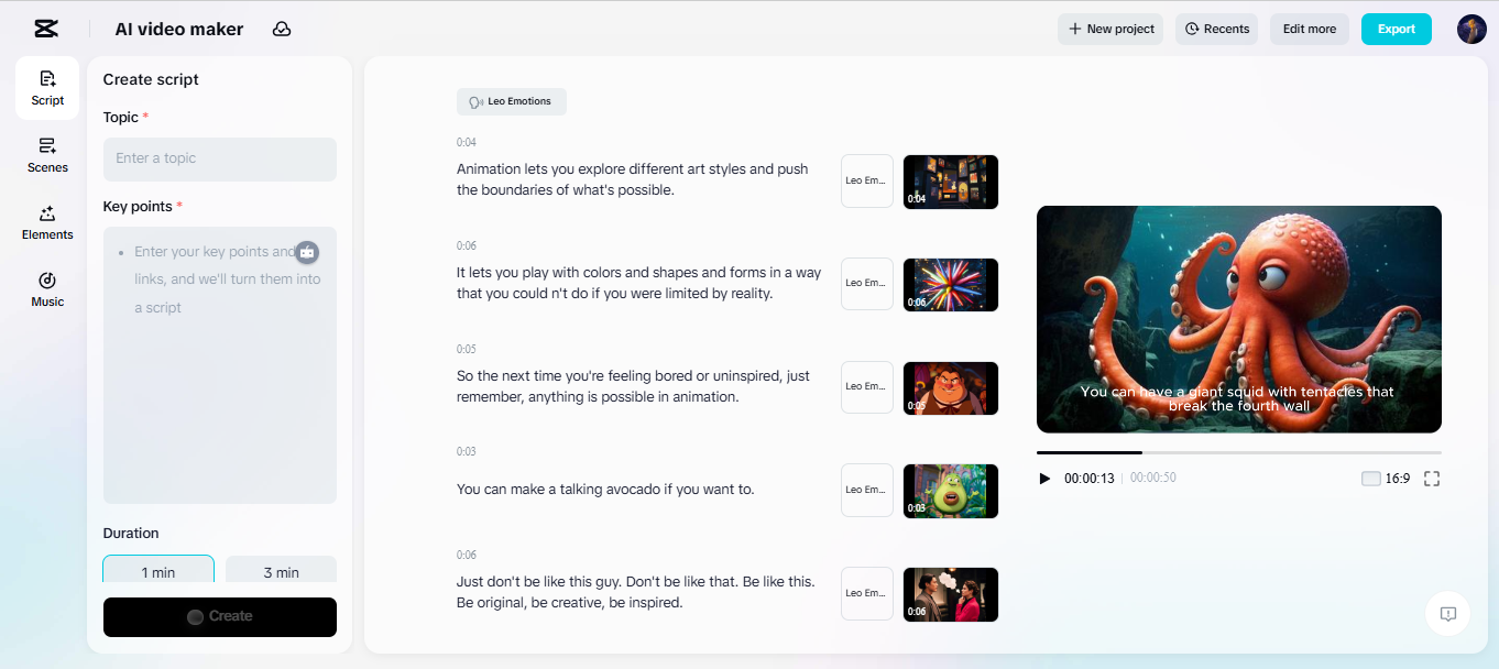 Interface do editor de vídeo para desktop CapCut