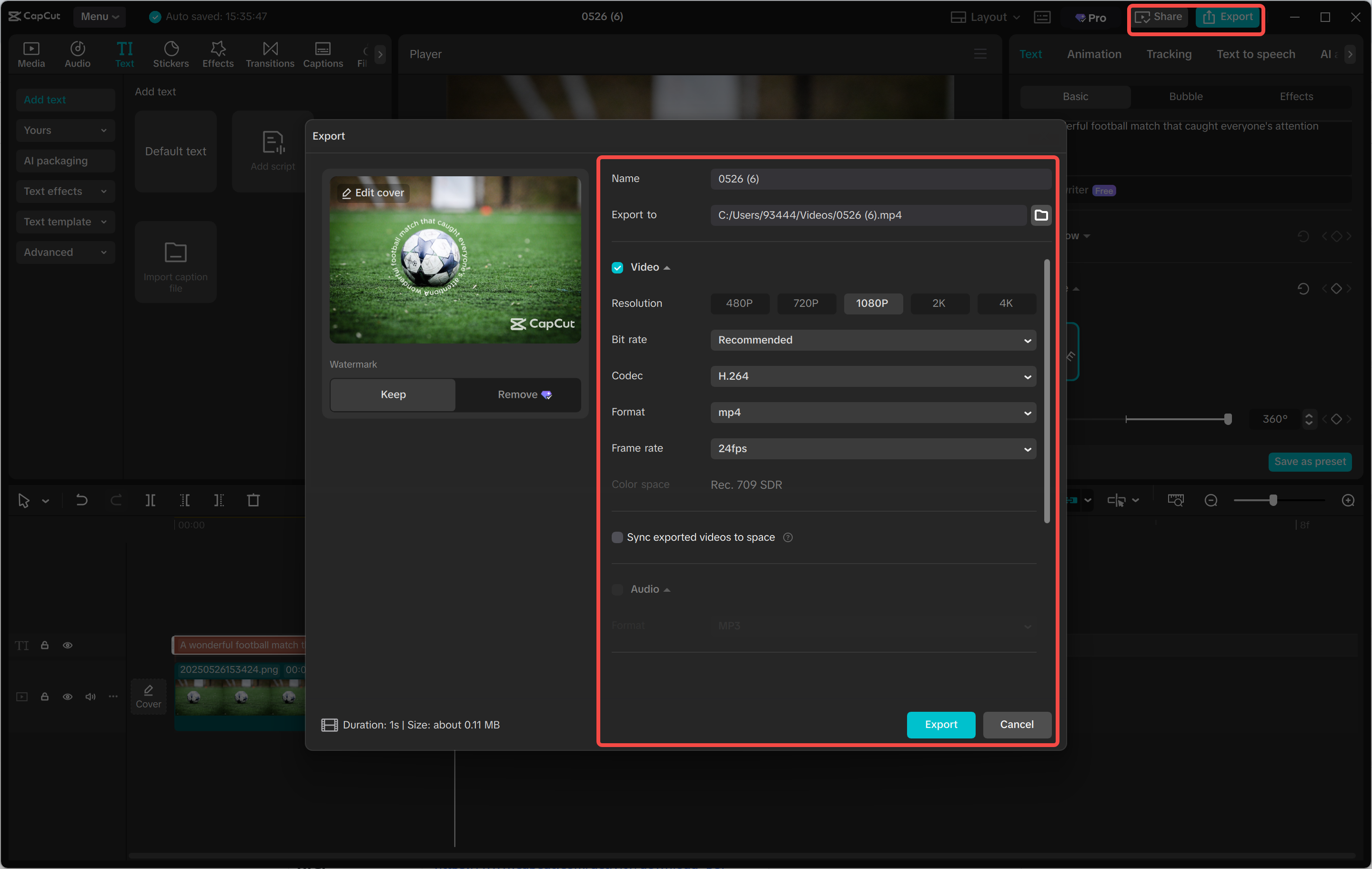 Exportation de la vidéo finale depuis l' CapCut éditeur vidéo de bureau