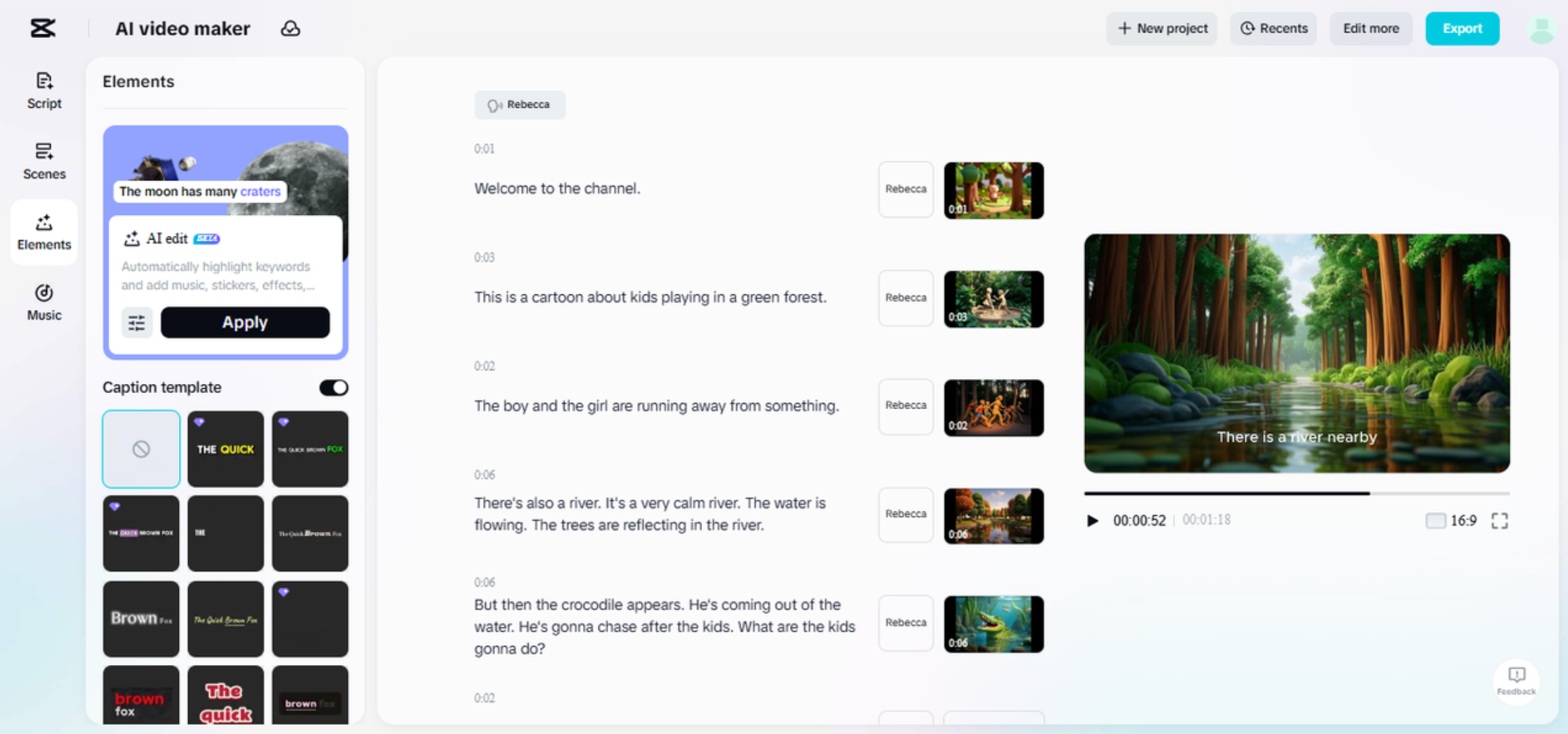 Interface of CapCut's AI video maker