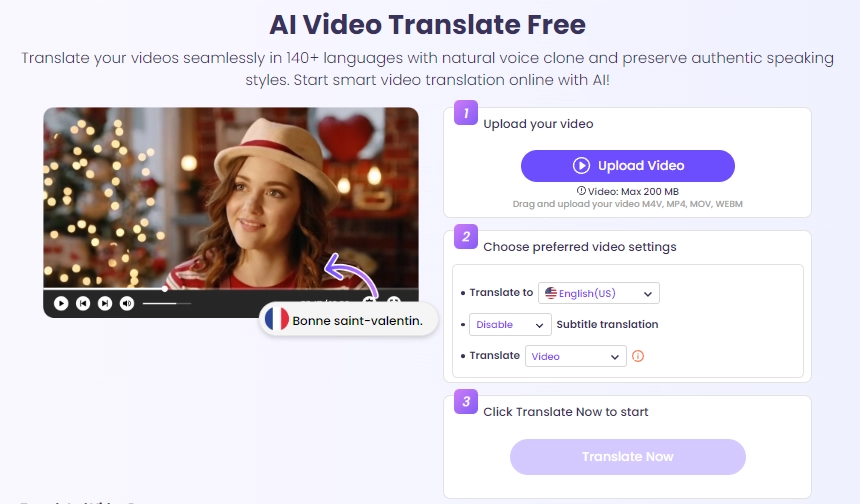 Interface of Vidnoz AI - an easy to use free online video language translator