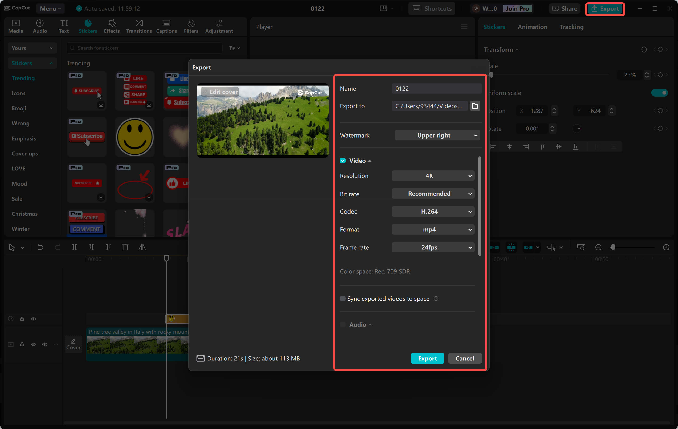 Exporting video from CapCut desktop video editor.
