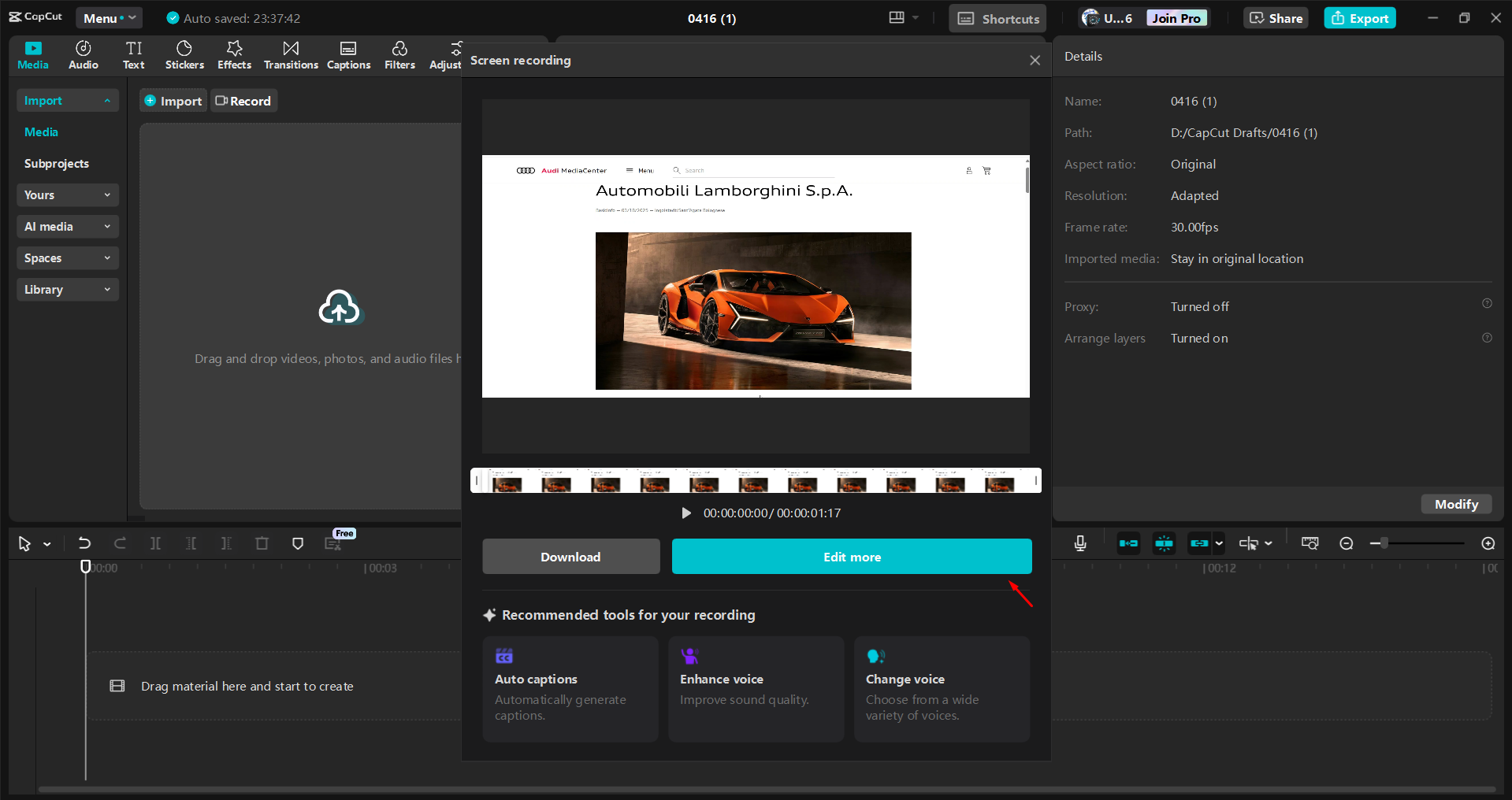 Recording a screen with the CapCut desktop video editor