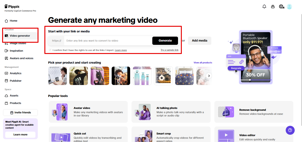 Entering link to generating video in Pippit