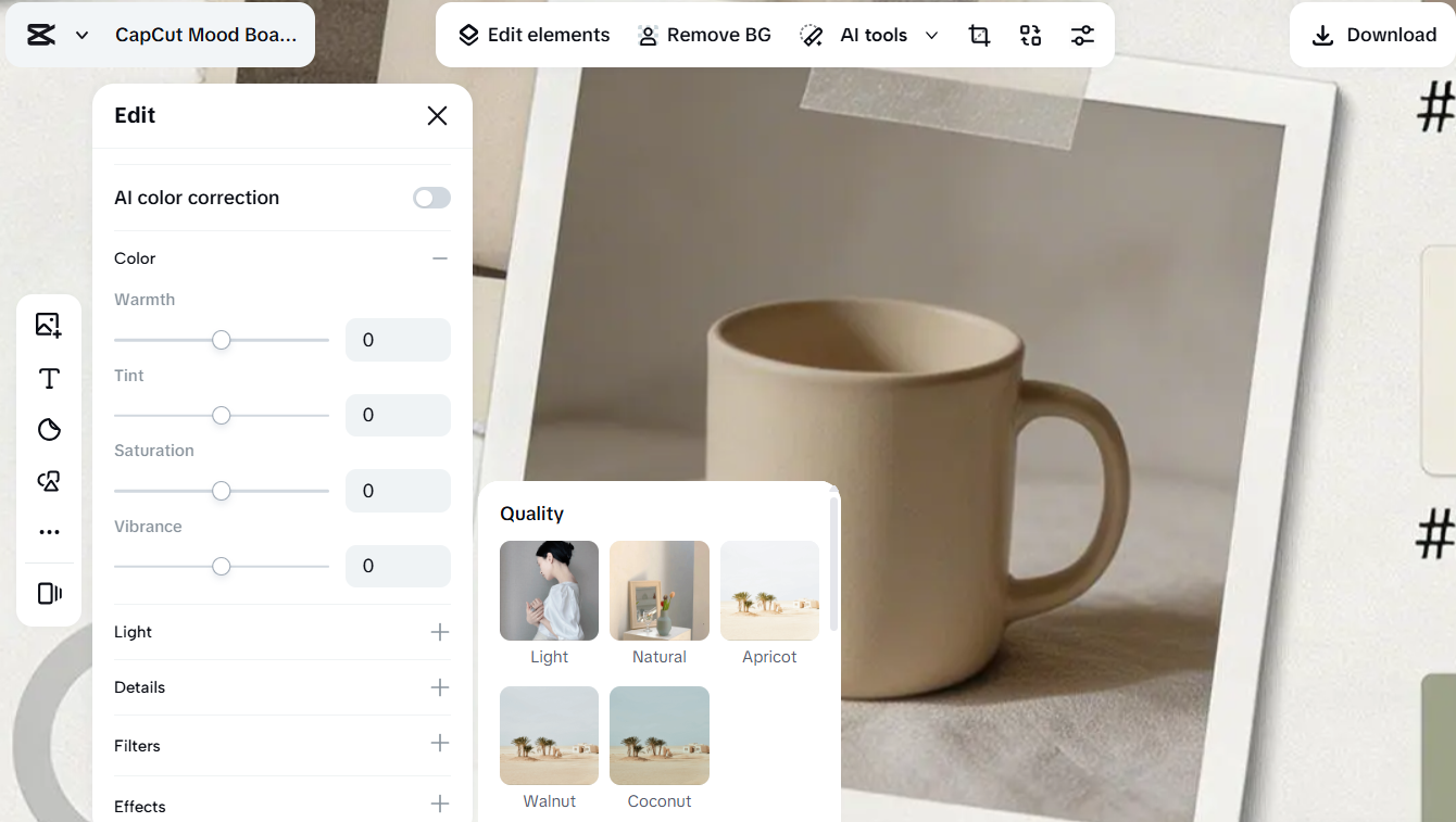 Adjust your mood board color with CapCut