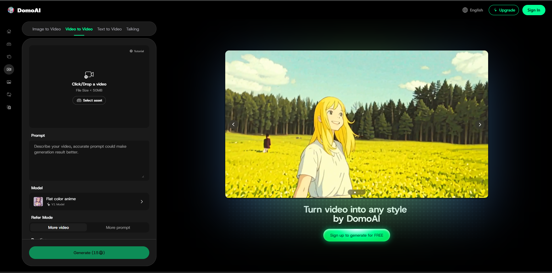 Interface do DomoAI - uma ferramenta valiosa para transformar vídeo de IA em vídeo.