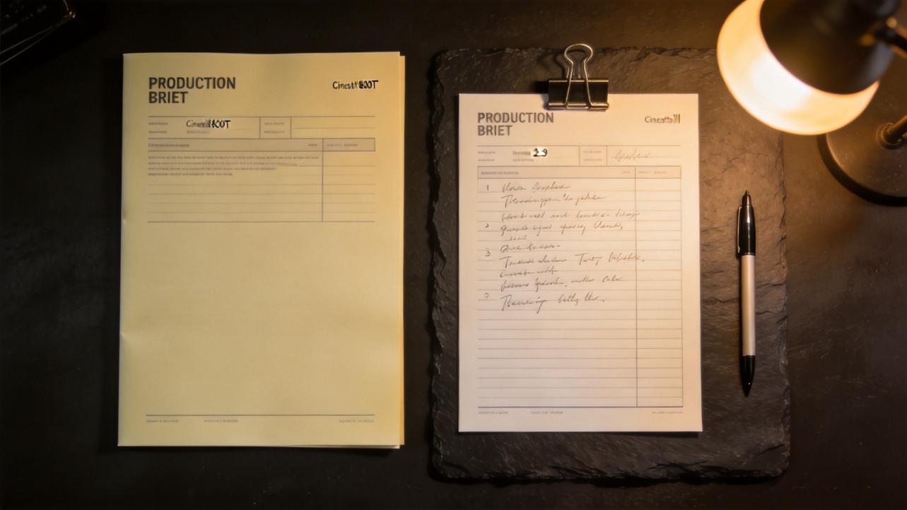 Two production brief forms on a desk beside a pen and lamp