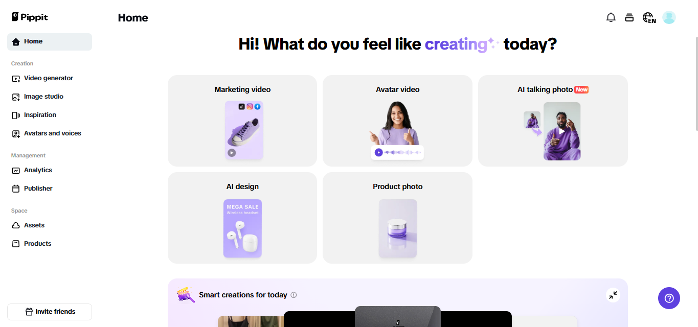 Pantalla de inicio de Pippit.