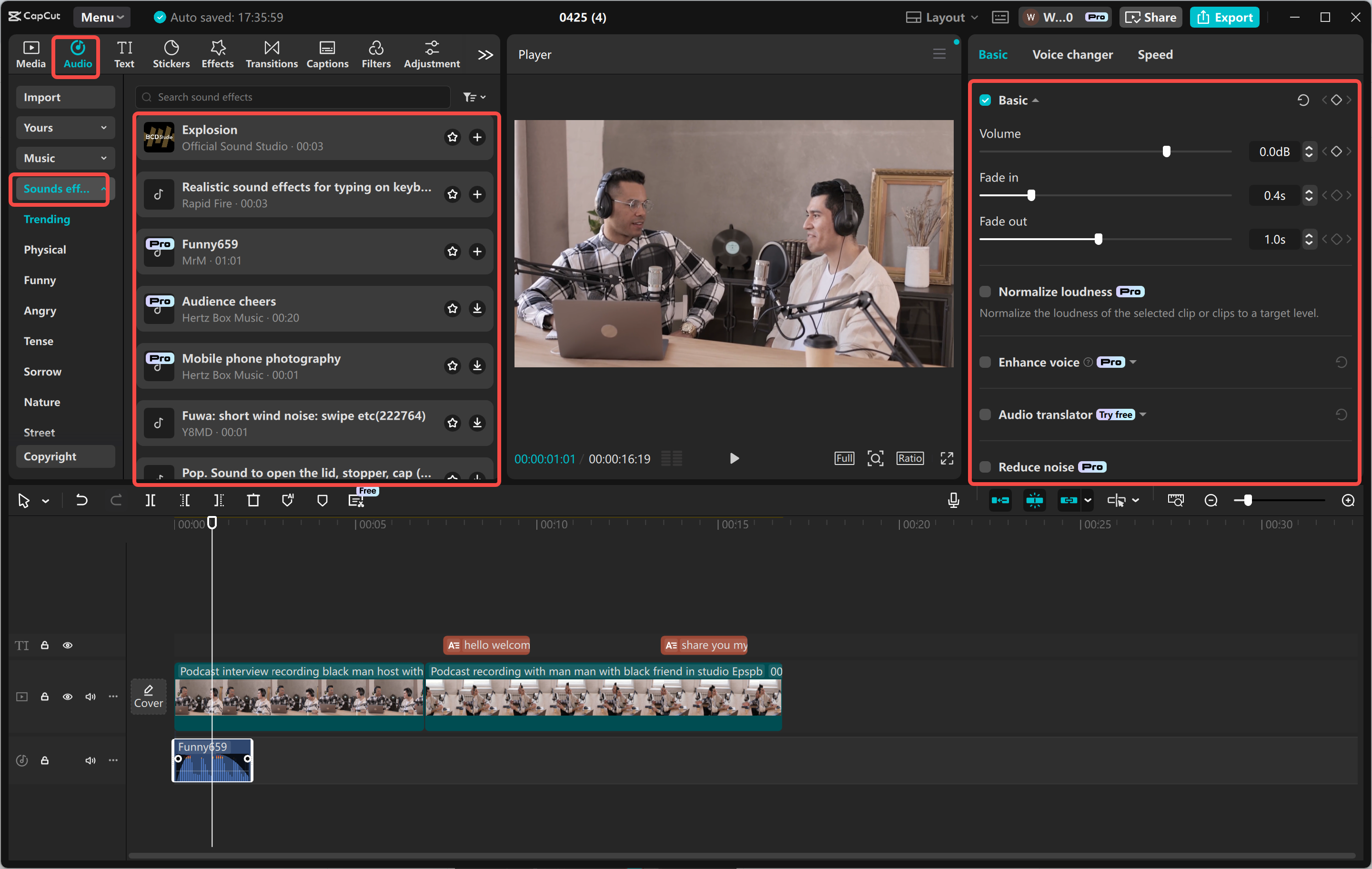 Aggiunta di effetti audio e regolazione del volume nell' CapCut editor video desktop