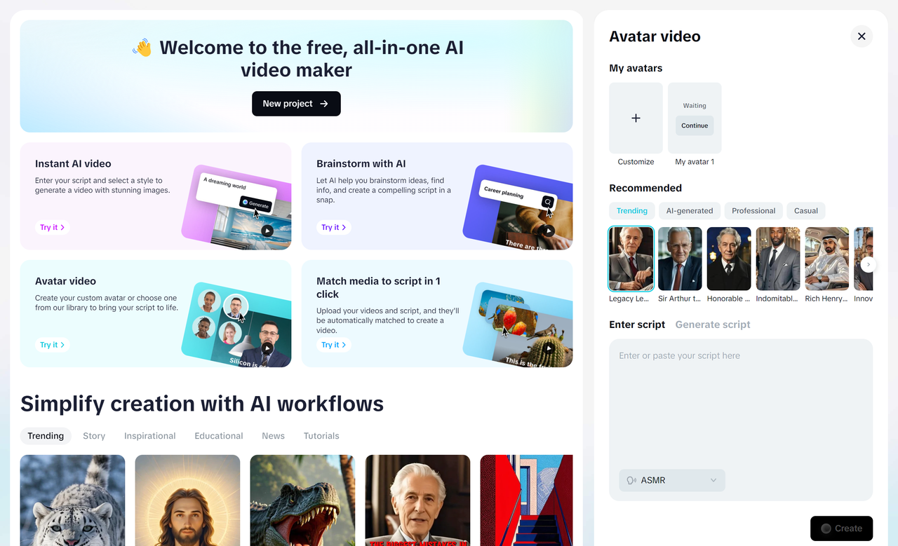 Interface de l' CapCut éditeur vidéo de bureau - un moyen rapide d'ajouter des avatars IA à la vidéo