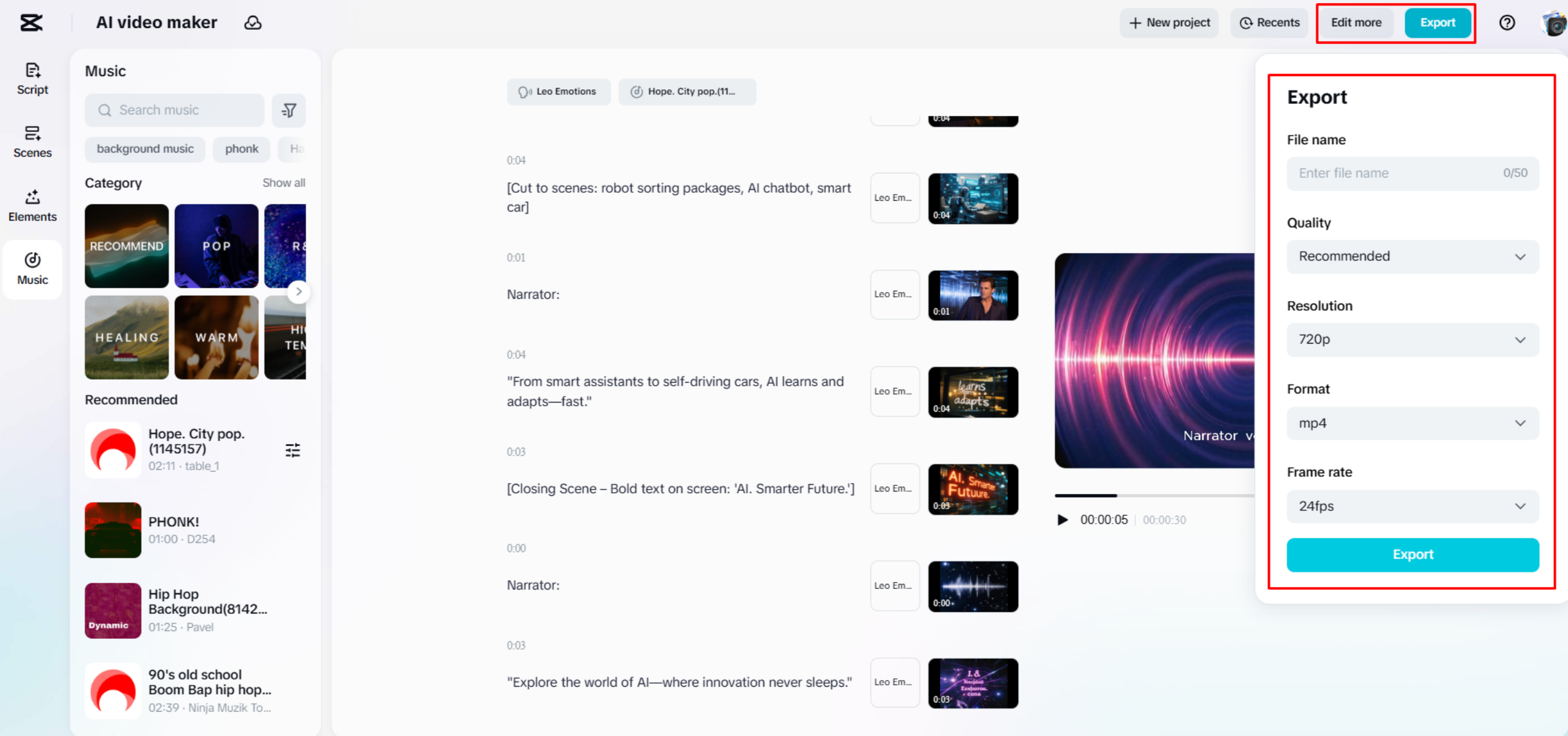 Exporting a video from CapCut Web