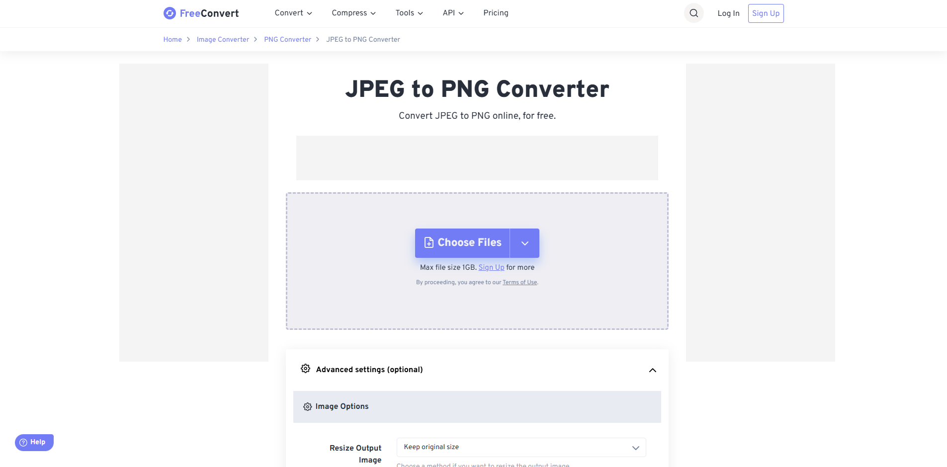 Interfaz de FreeConvert: un convertidor ideal en línea de JPG a PNG