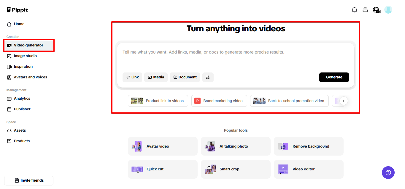 Generador de videos Pippit