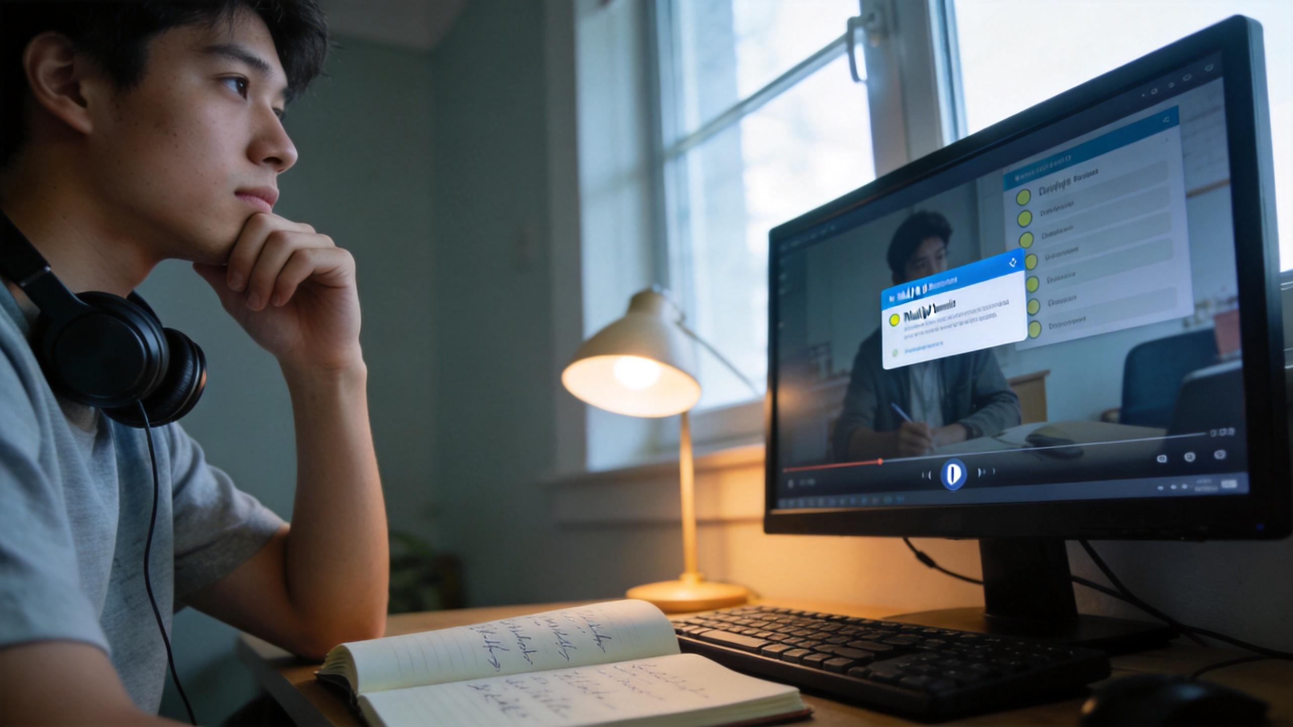 Student studying at a desk while watching a quiz video on a computer monitor