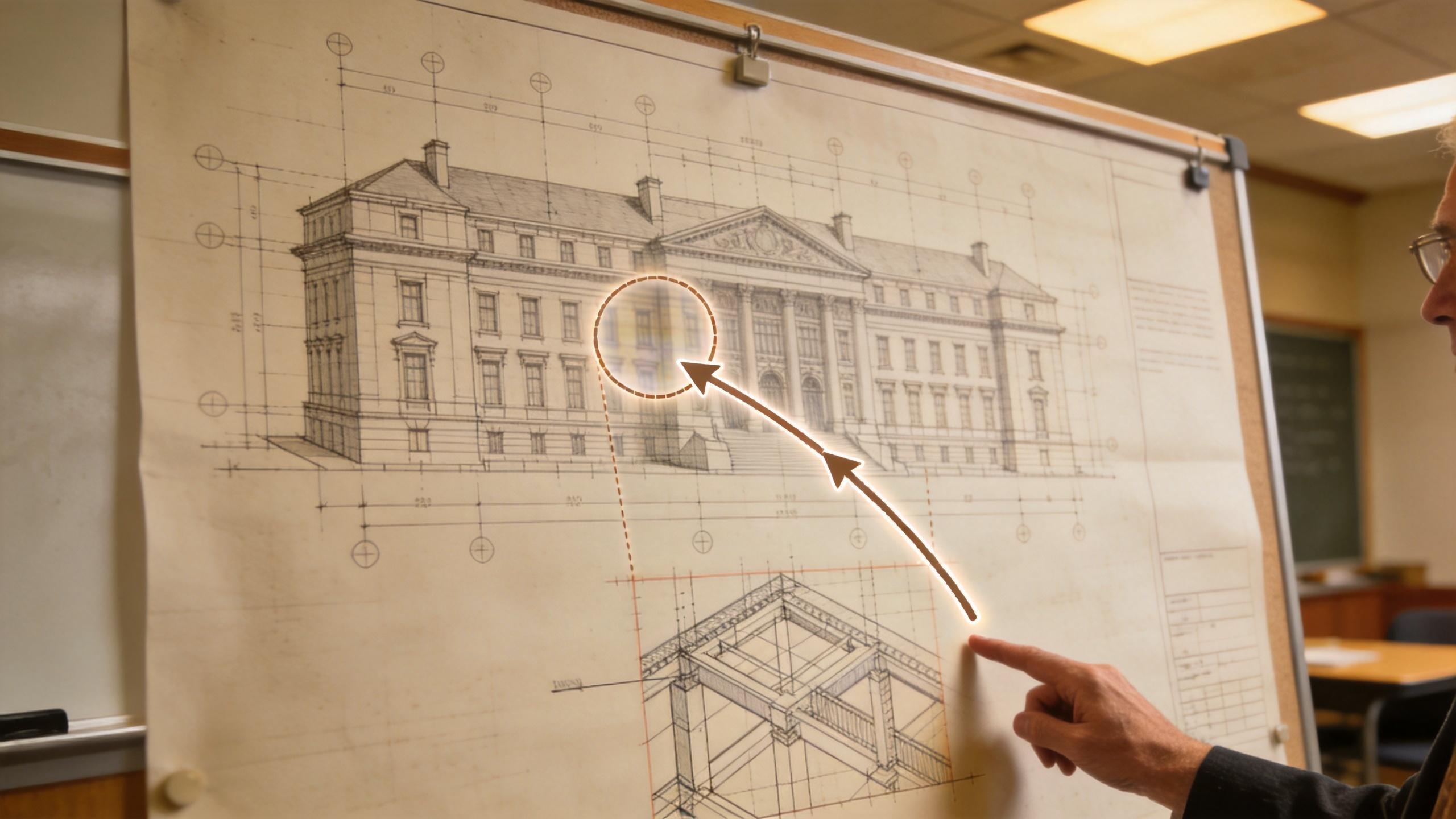 Hand points to an architectural drawing with a highlighted zoom path on a building sketch