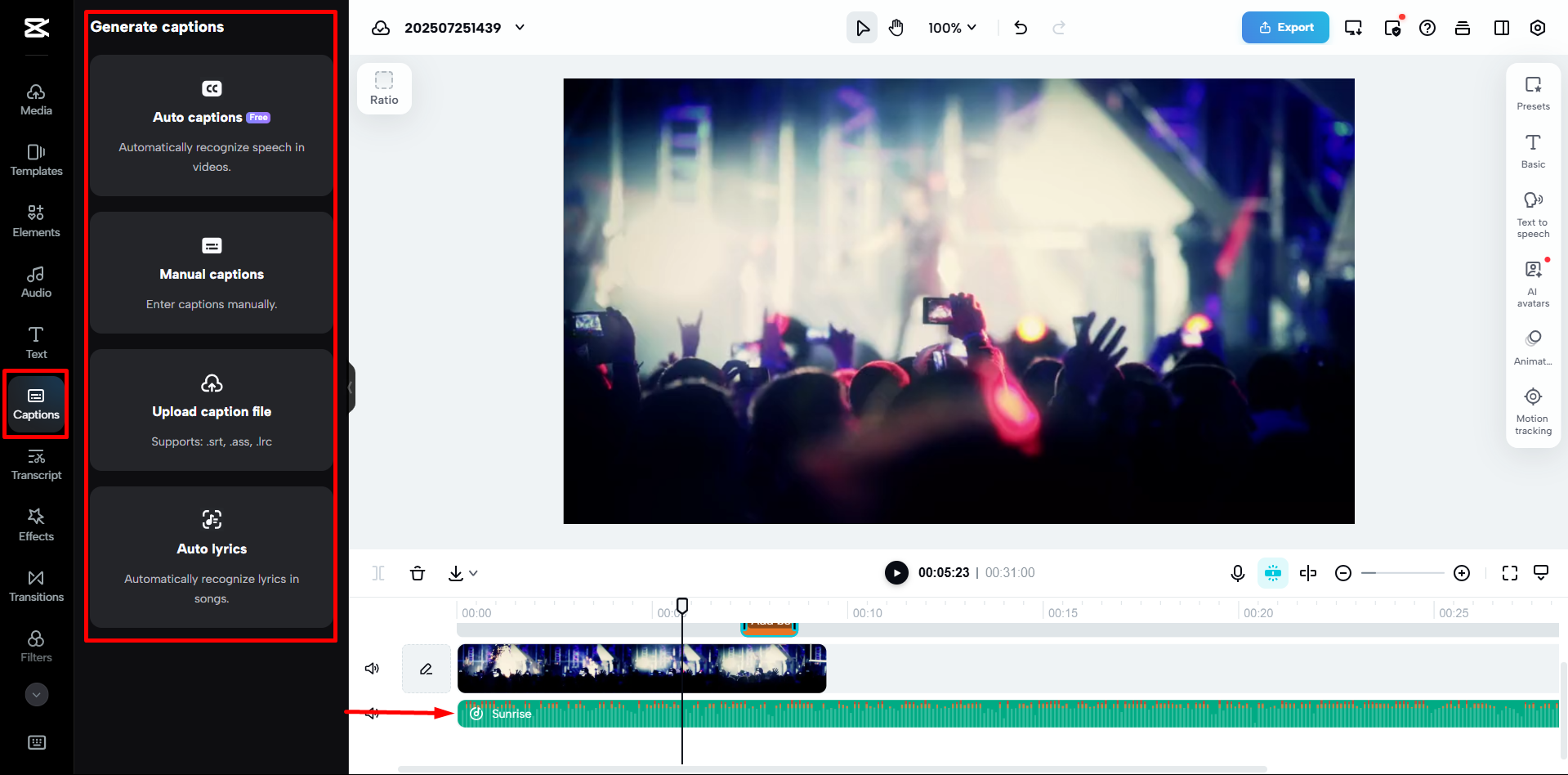 اختر التسميات التوضيحية في محرر الفيديو عبر الإنترنت CapCut.