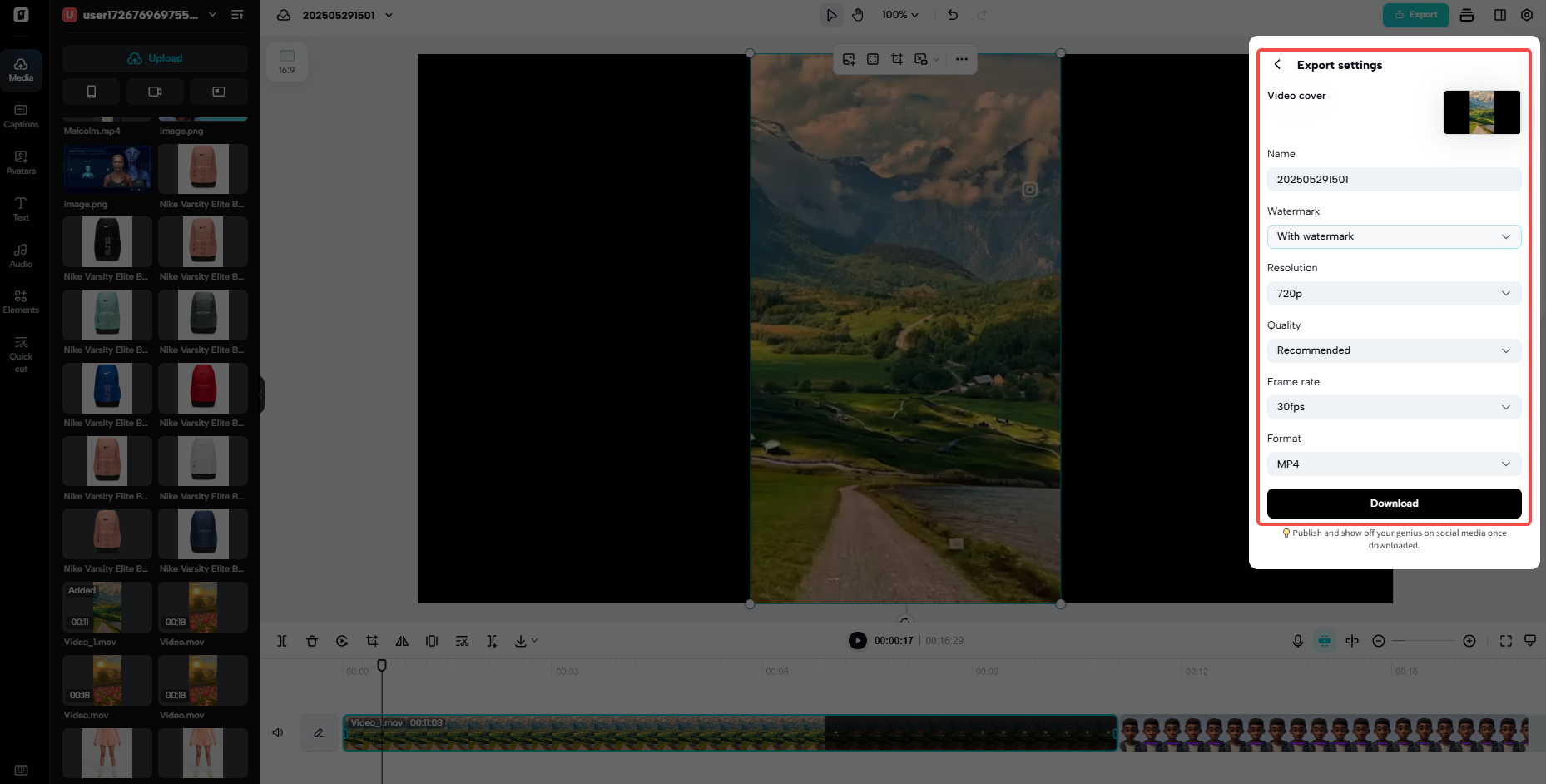 Set export settings and download