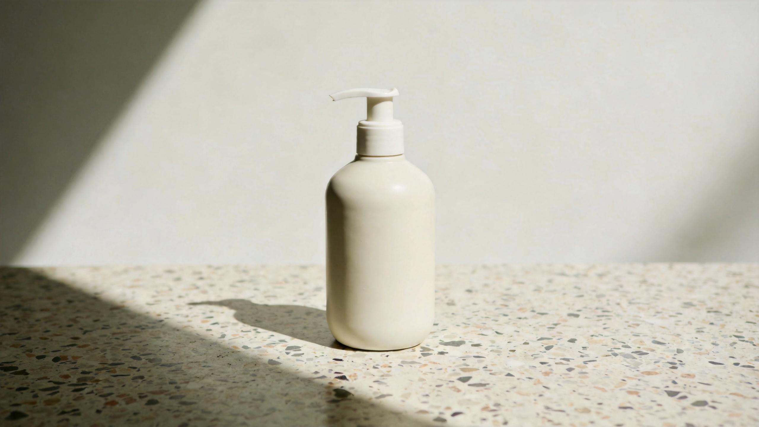 Cream pump bottle on a terrazzo surface in warm sunlight