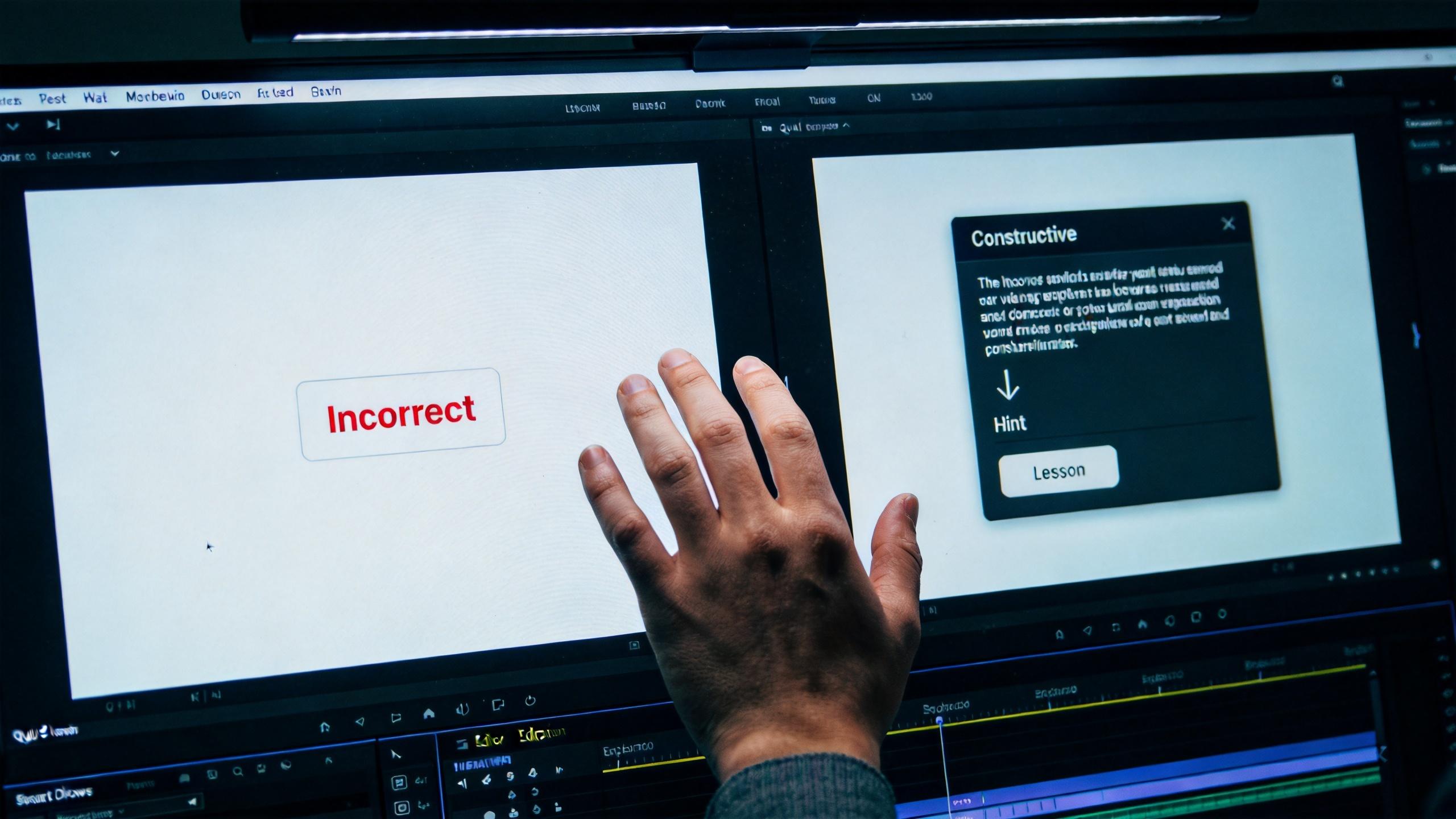 Hands on a video editor displaying an incorrect answer and a constructive hint card