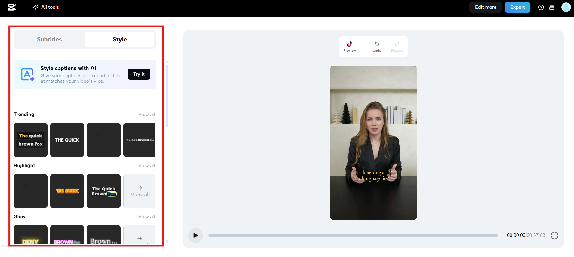 Choose or customize caption style