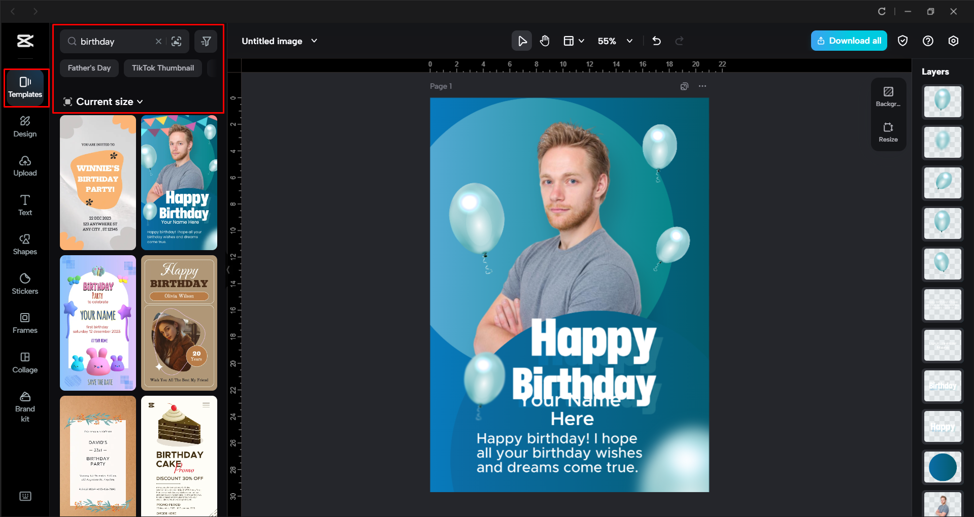 Choosing a birthday flyer template in the CapCut desktop video editor