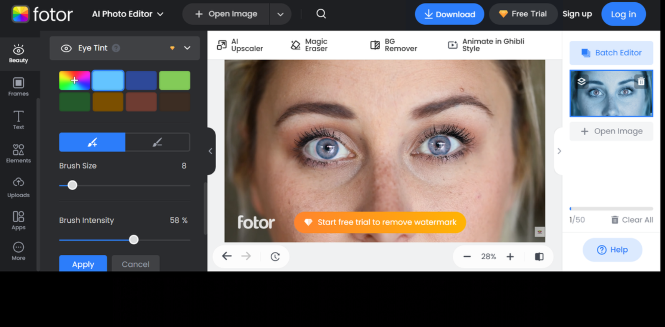 Fotor - um editor de fotos online gratuito para mudar os olhos de cor vermelha