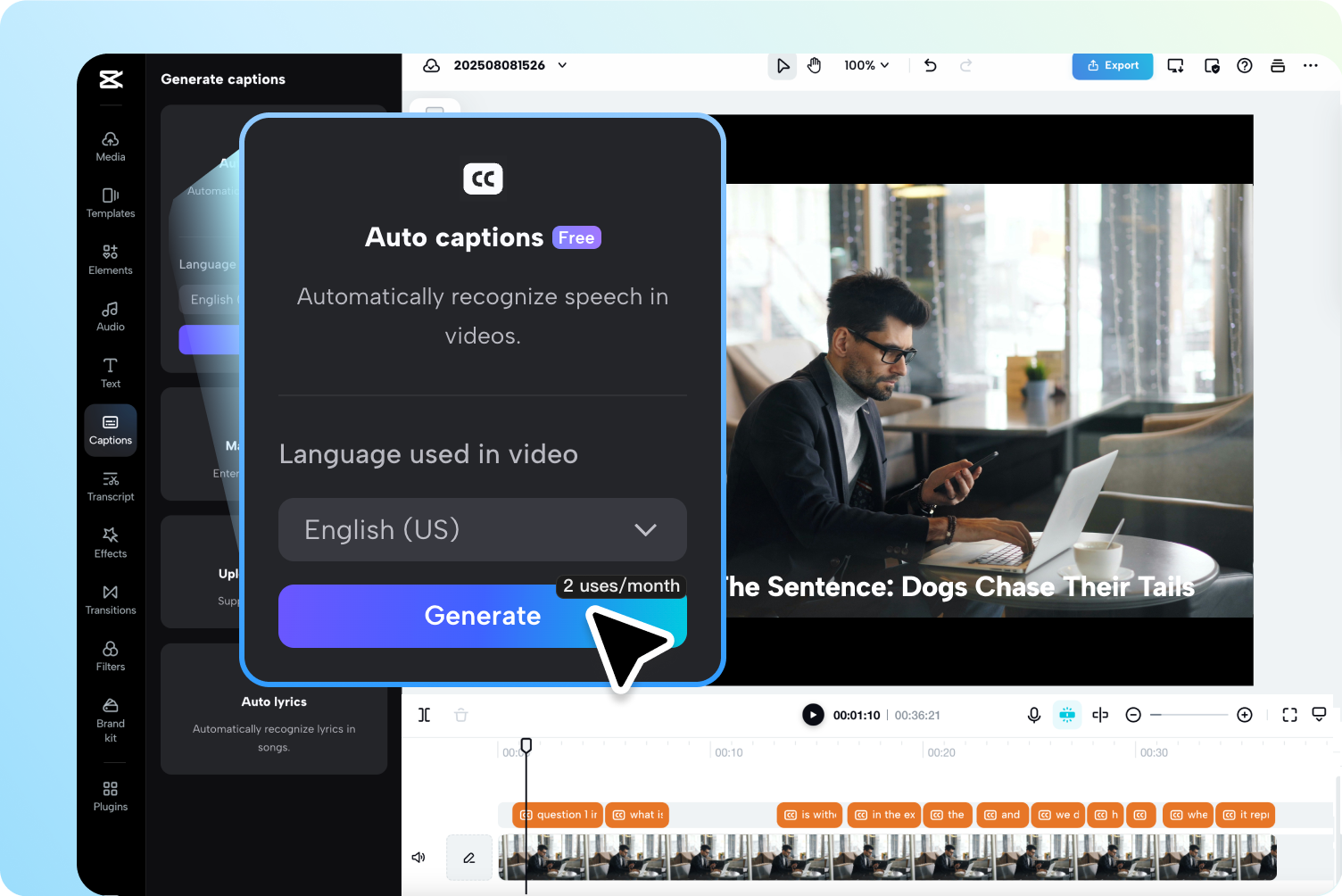 Generating auto captions for a video using CapCut Web's AI caption generator