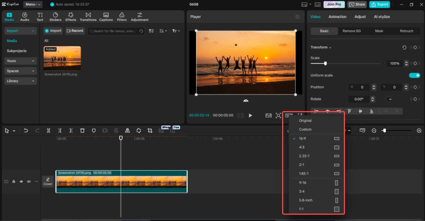 Verwendung der Option "Ratio" in CapCut