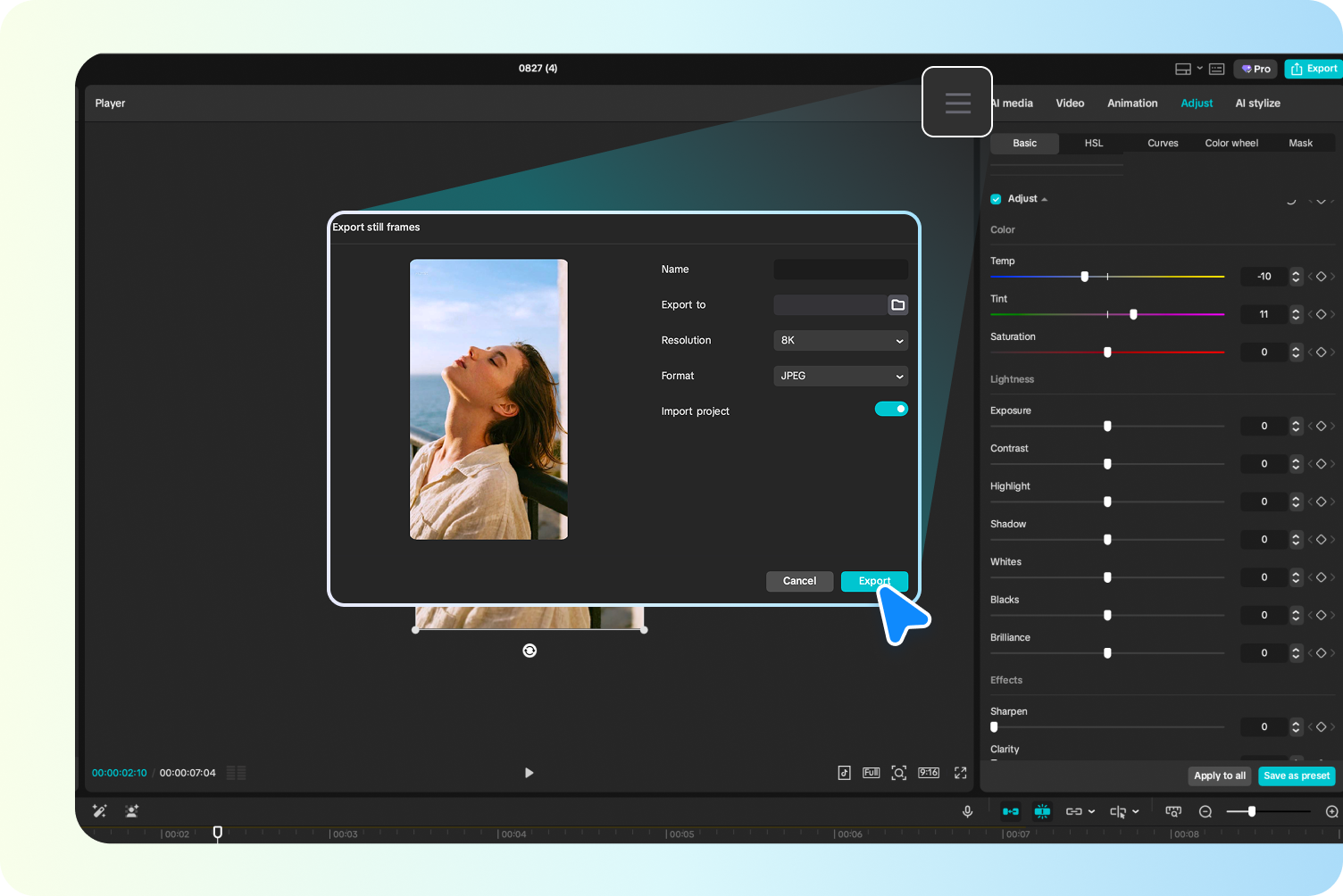 Exporting the final image from CapCut's Free AI image generator