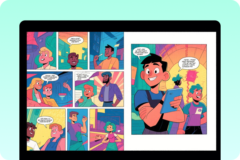 Creates a digital comic panel using the CapCut AI art generator