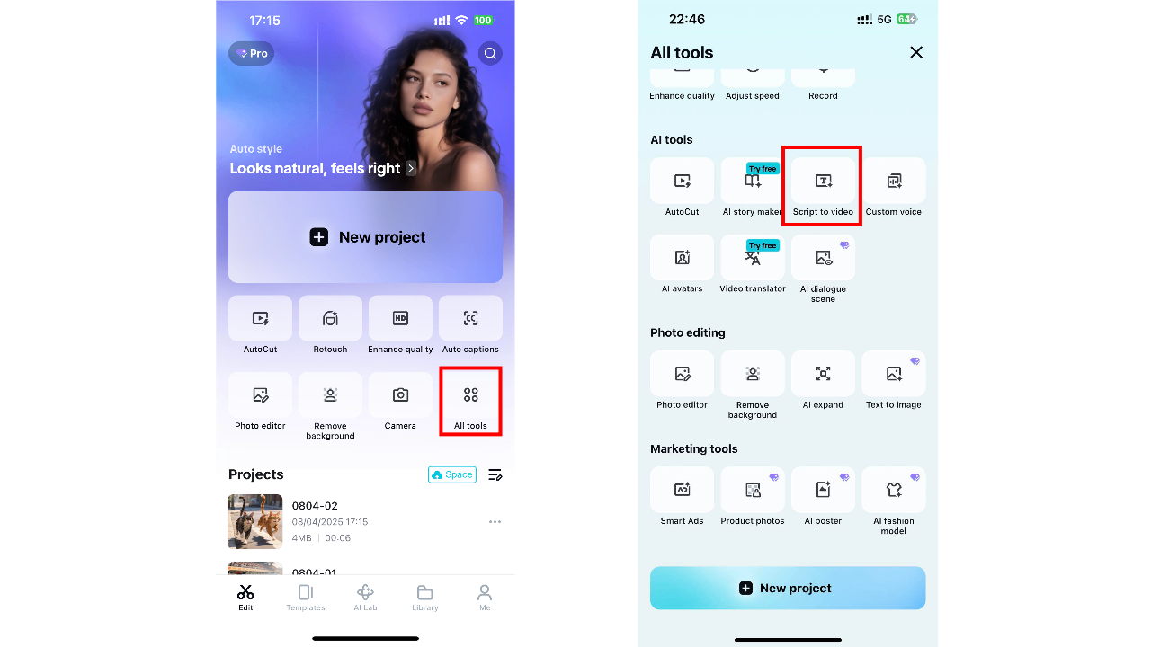 CapCut App's Script to Video - Interface