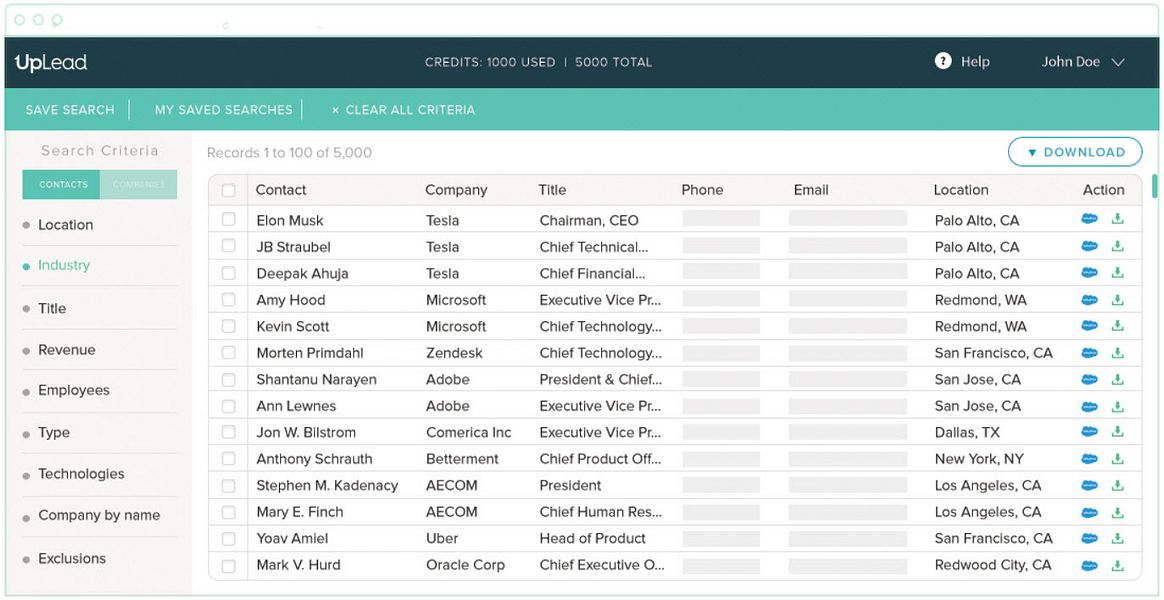 UpLead lead database interface