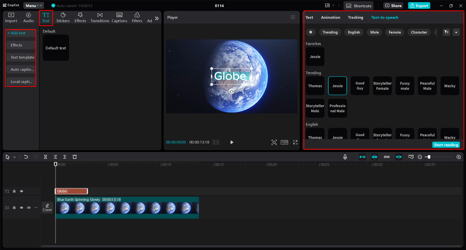 Generarea de caractere vocale cu text în vorbire în editorul video CapCut desktop