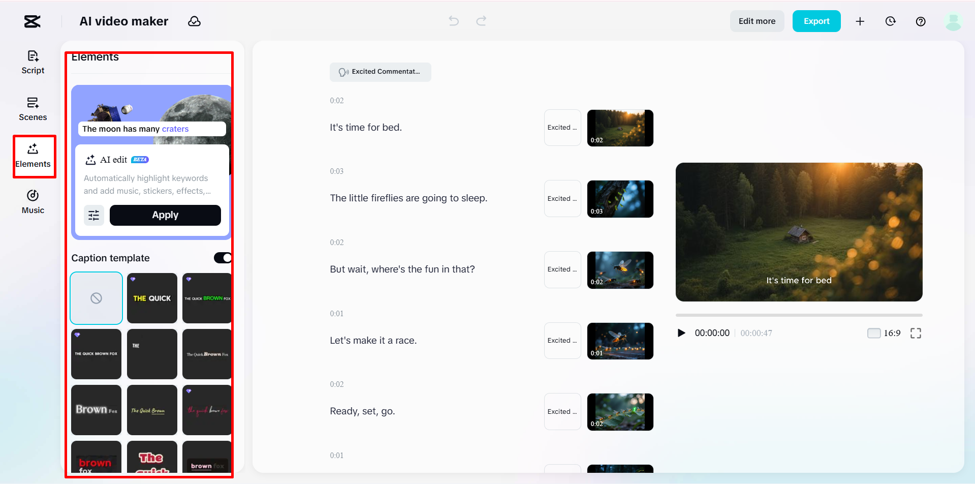Applying a caption template to the video in CapCut's AI video maker