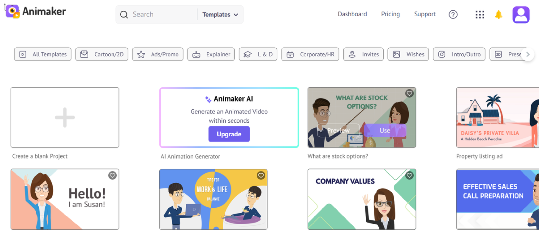 The interface of Animaker - a powerful animated explainer video production company