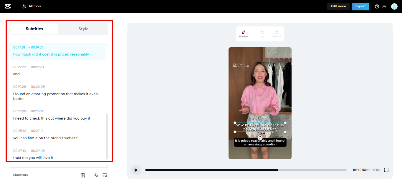 การสร้างคำบรรยายด้วย CapCut Web