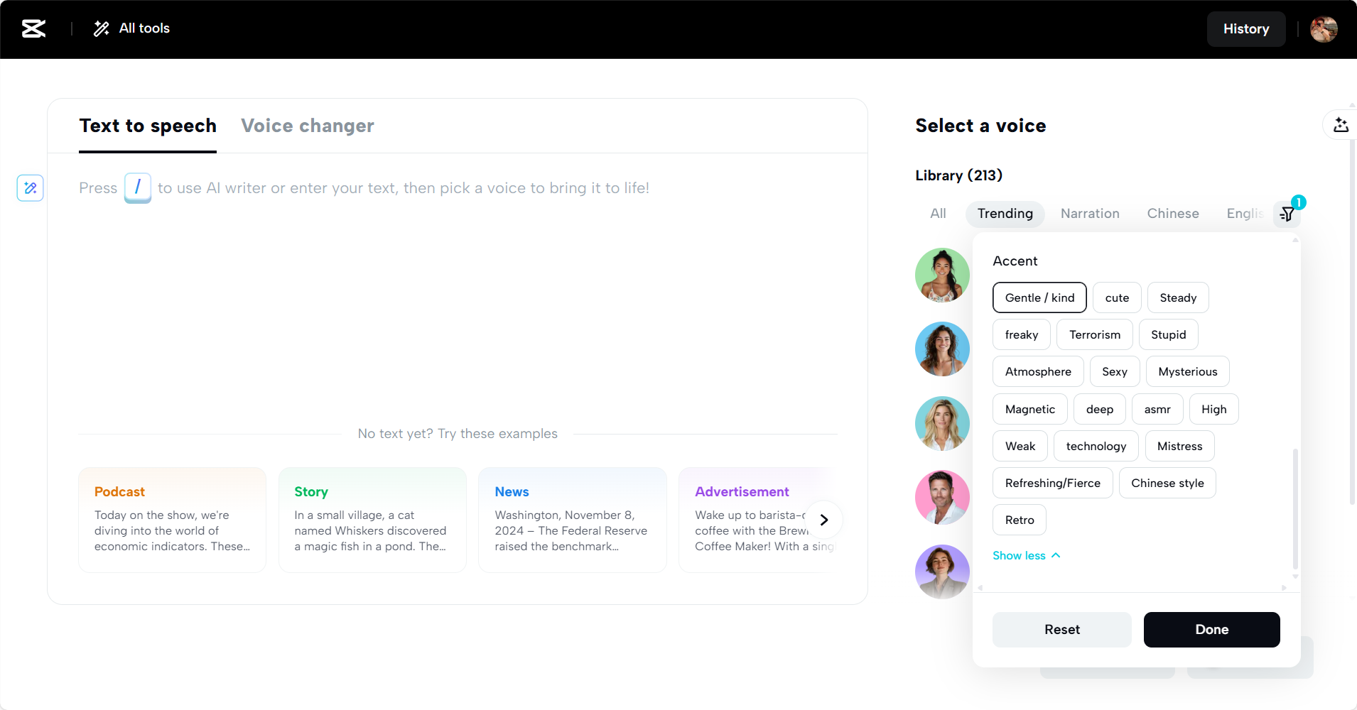 CapCut Web's AI accent generator