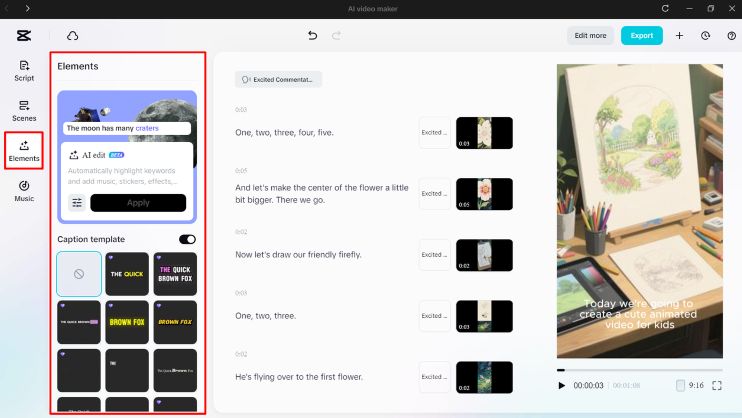 Adding caption templates in a video using CapCut's AI video maker