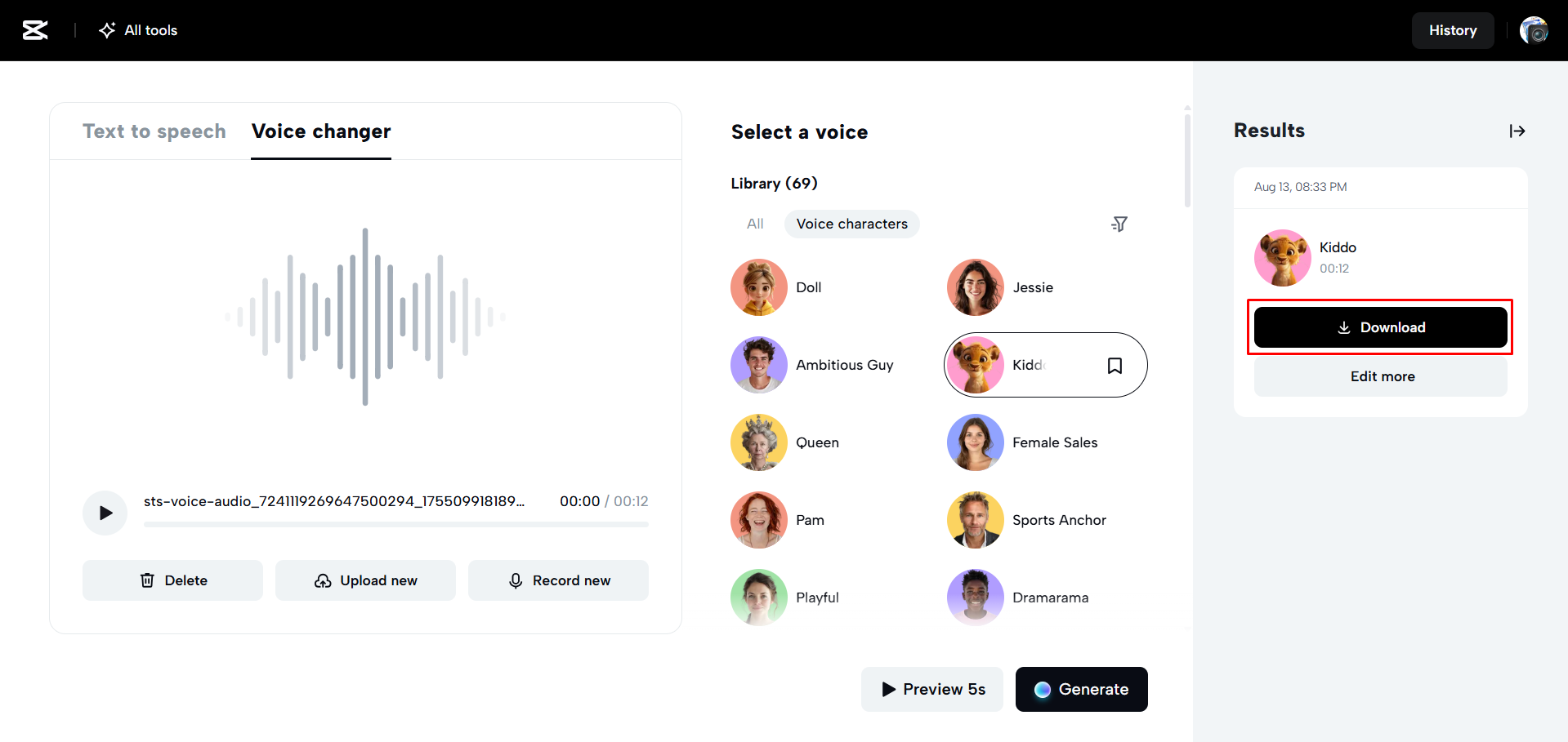 Descărcarea audio-ului din CapCut Web