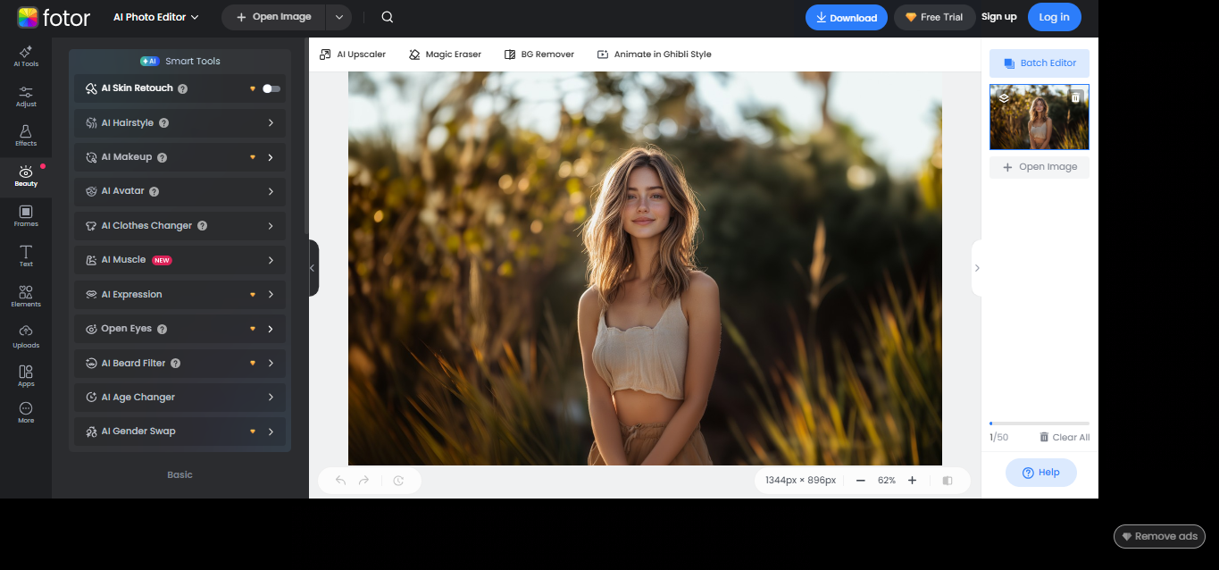 Interface de Fotor - un éditeur de photos et de visage en ligne facile à utiliser