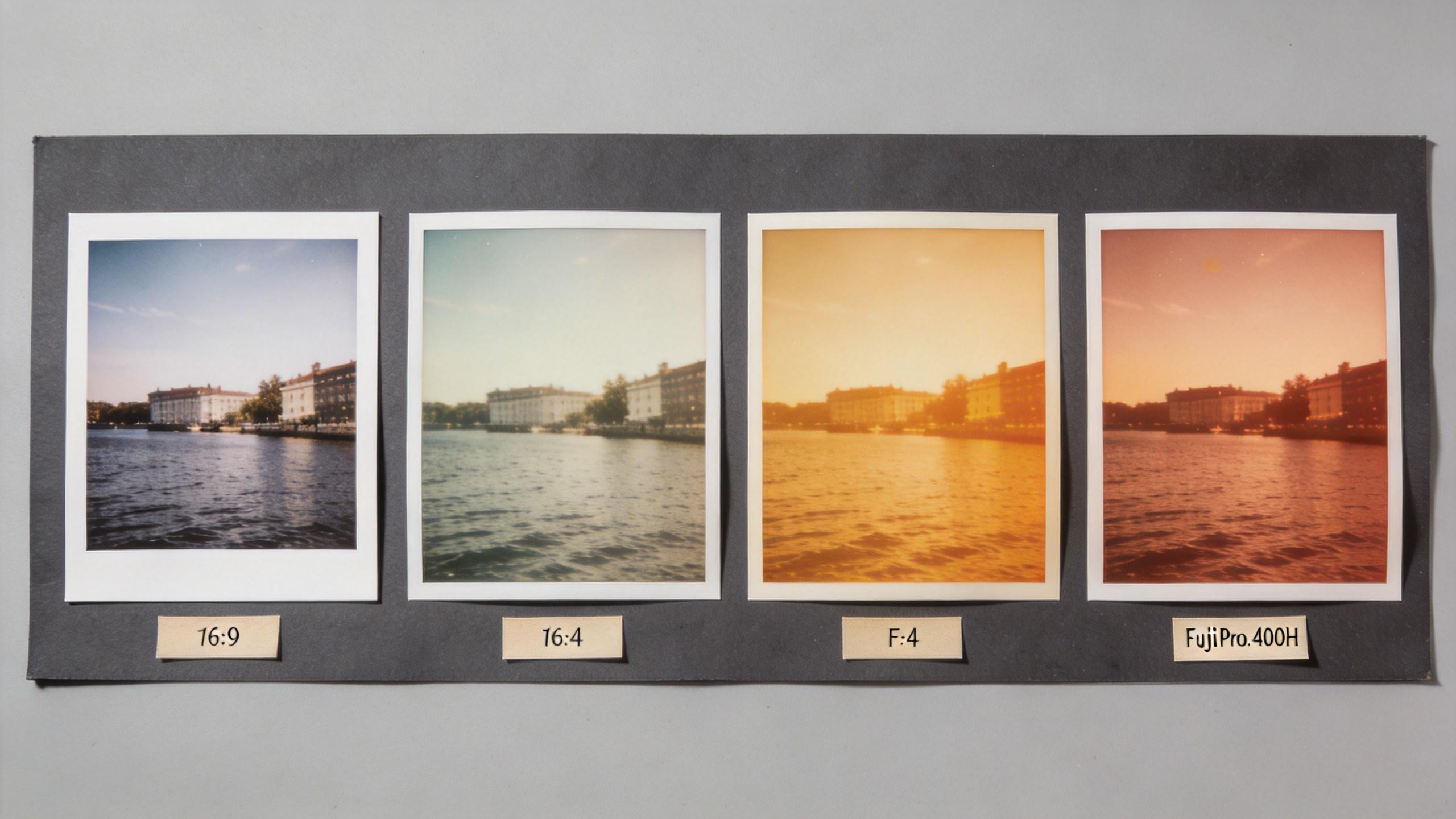 Four polaroid-style landscape photos of a waterfront scene with different color tints