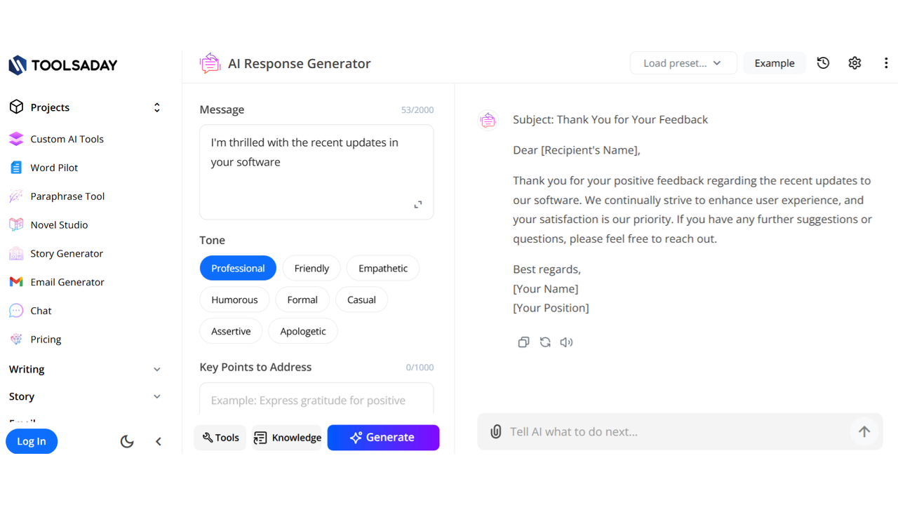 Toolsday AI response generator