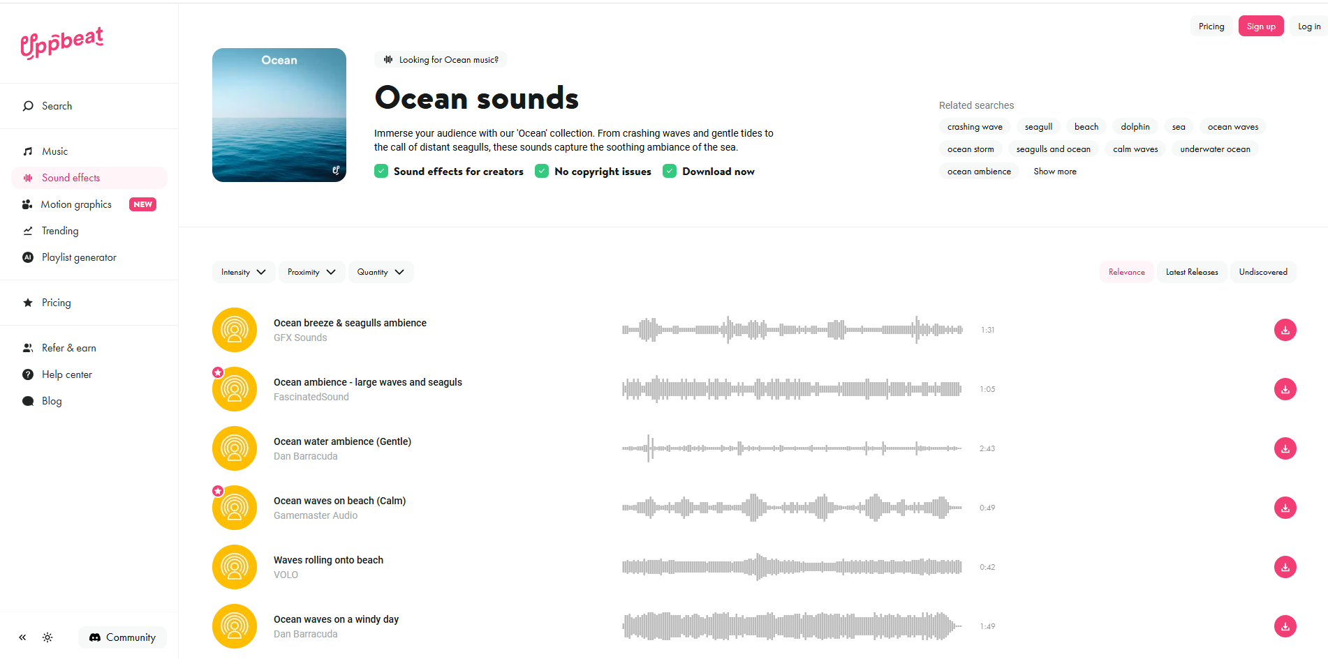 Interface d'Uppbeat - une ressource idéale pour les effets sonores océaniques