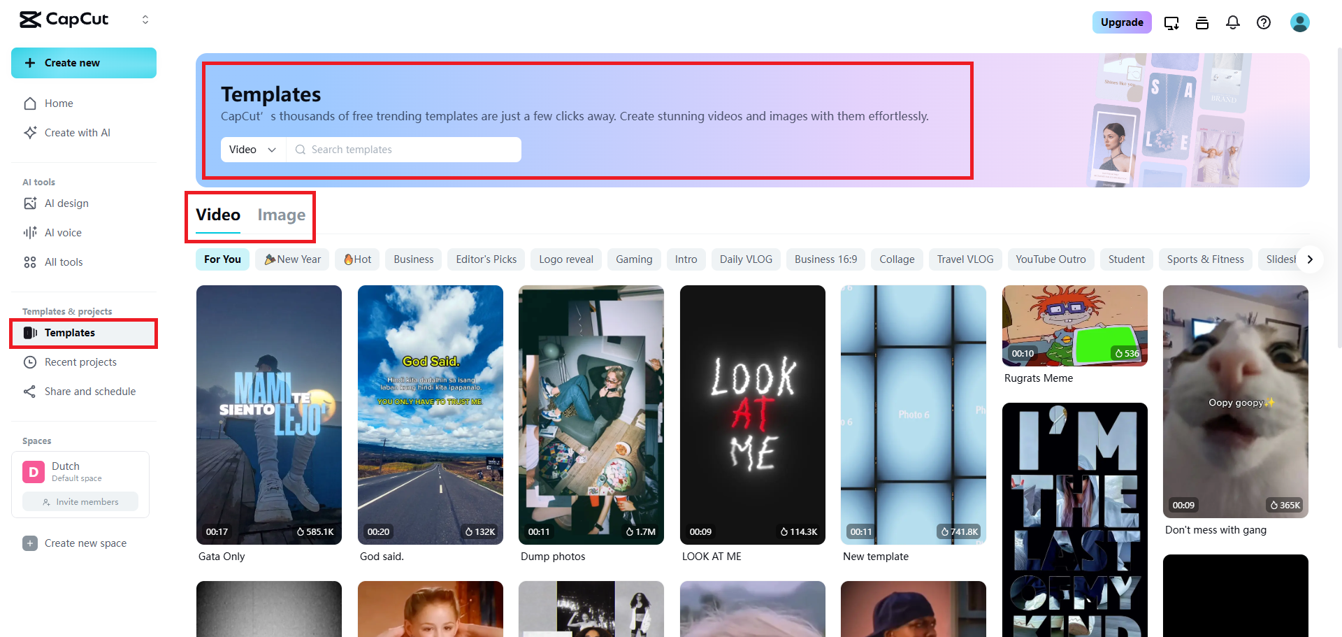 Choose the templates section