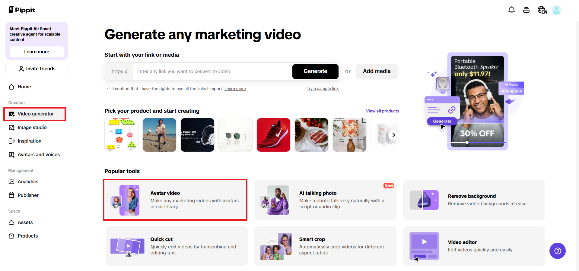 Avatar option under Video Generator