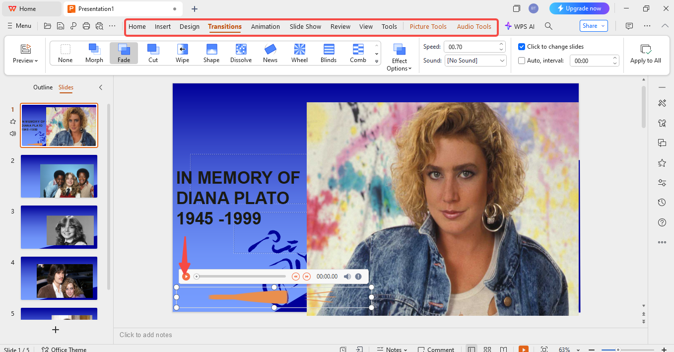 Add transitions, text, and music to the funeral slideshow