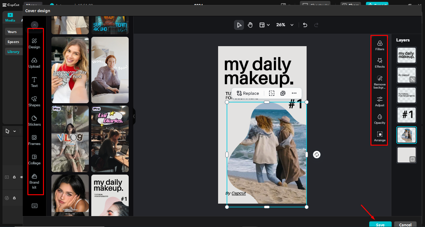 Meningkatkan reka bentuk muka depan video dalam editor desktop CapCut.