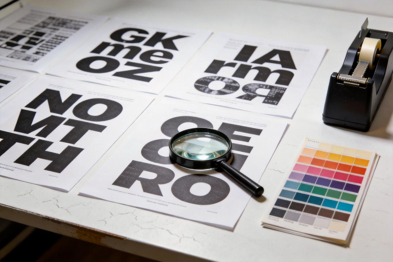 Printed letter layouts on a table with a magnifying glass, tape dispenser, and color swatches