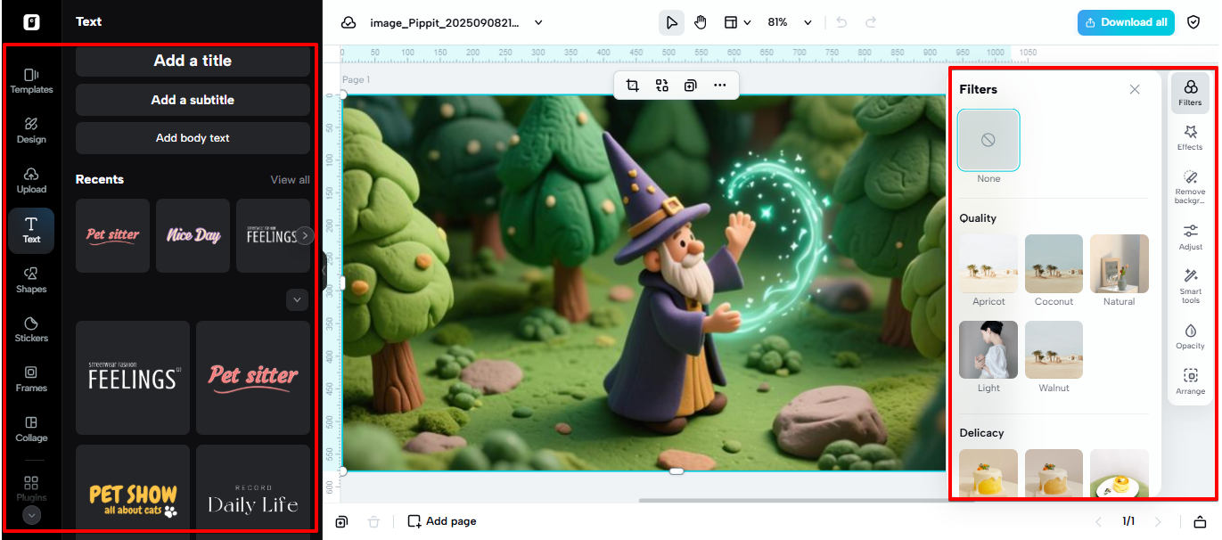 Pippit image editing space